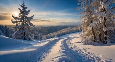Obraz premium Winter landscape with snow-covered trees and scenic trail under a blue sky during a serene December sunset.