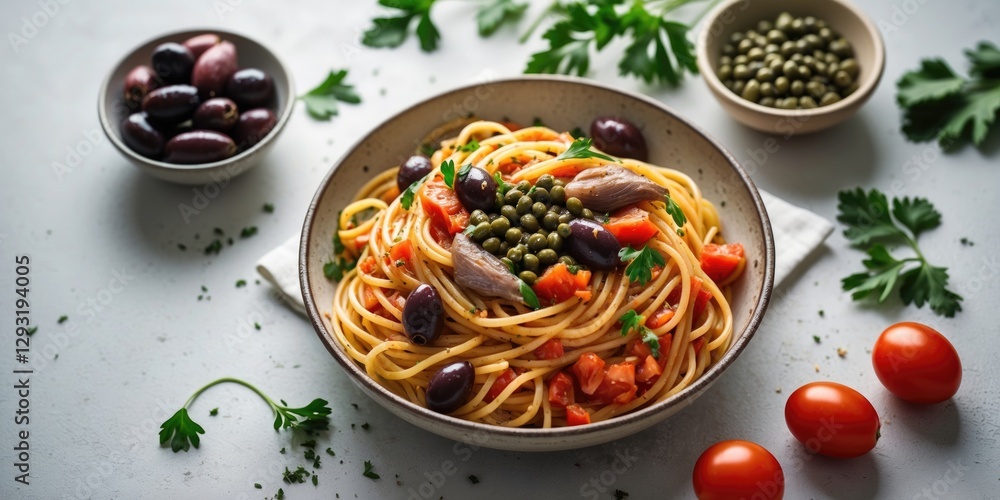 Poster spaghetti alla puttanesca with fresh ingredients and empty copy space for text displayed on light ba
