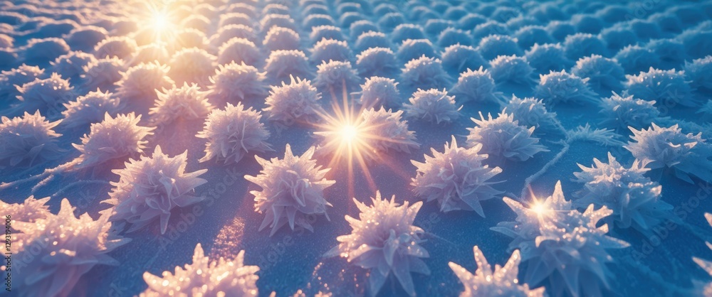 Poster winter landscape with frost patterns illuminated by sunlight creating a magical, serene atmosphere i