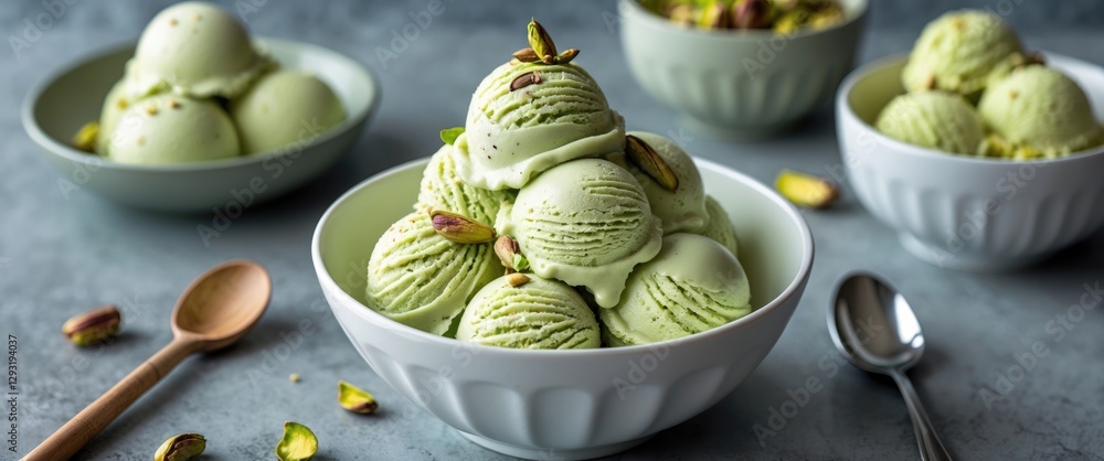 Poster pistachio ice cream in bowl surrounded by nuts and spoons with empty space for branding or text over