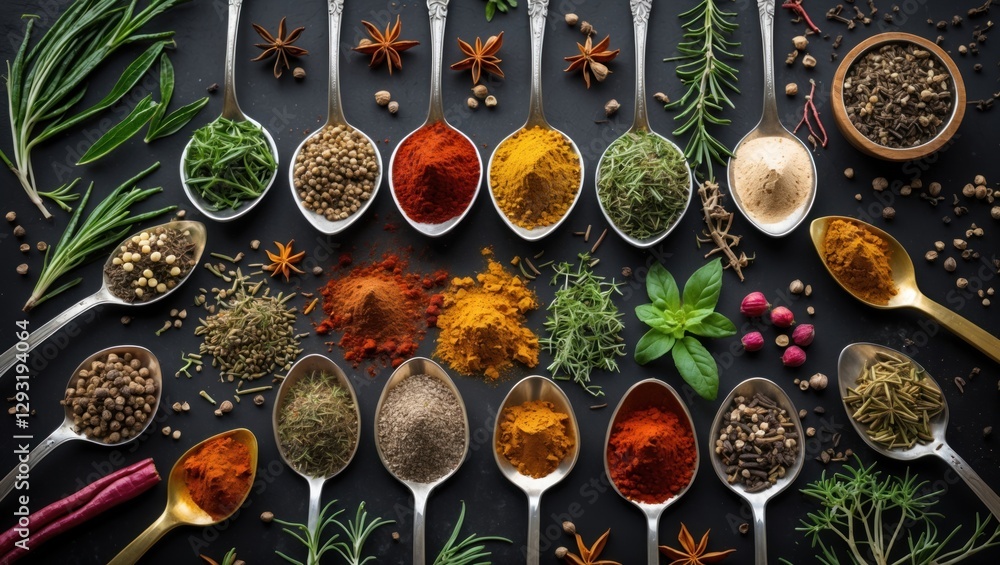 Poster diverse selection of colorful spices and herbs arranged in spoons on a dark background ideal for cul