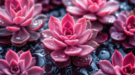 Obraz premium Close-up of pink succulent plants with water droplets creating a fresh and vibrant botanical aesthetic for nature and home decor themes.