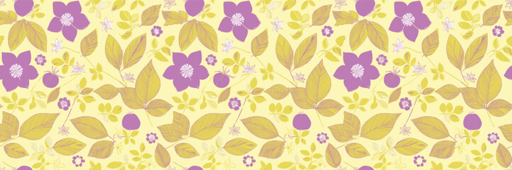 Handcrafted Floral wallpaper pattern with purple flowers and yellow leaves on light yellow background, for gift wrap and wallpaper