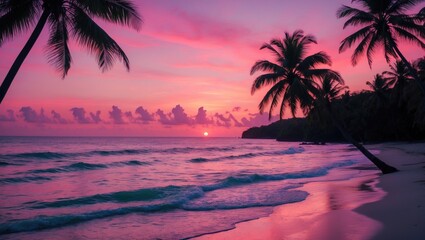 Tropical beach at sunset with pink hues and silhouetted coconut palms providing serene atmosphere and blank space for text or branding.