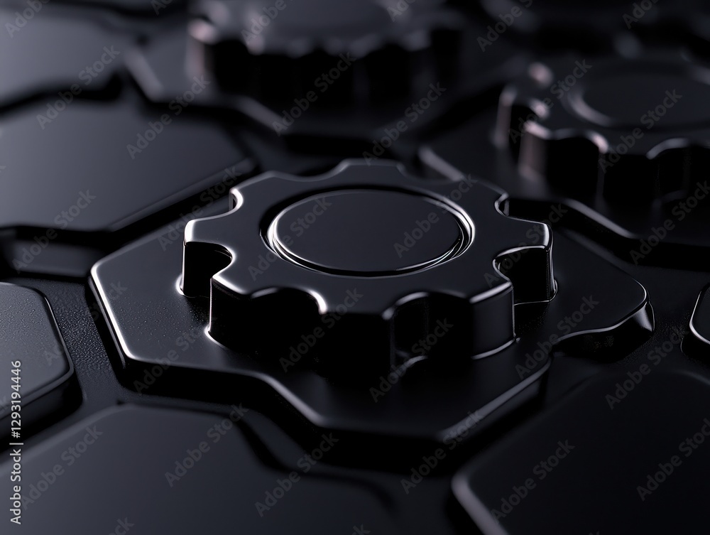 Poster close-up view of glossy black gears and hexagonal shapes for a modern, tech-inspired design.