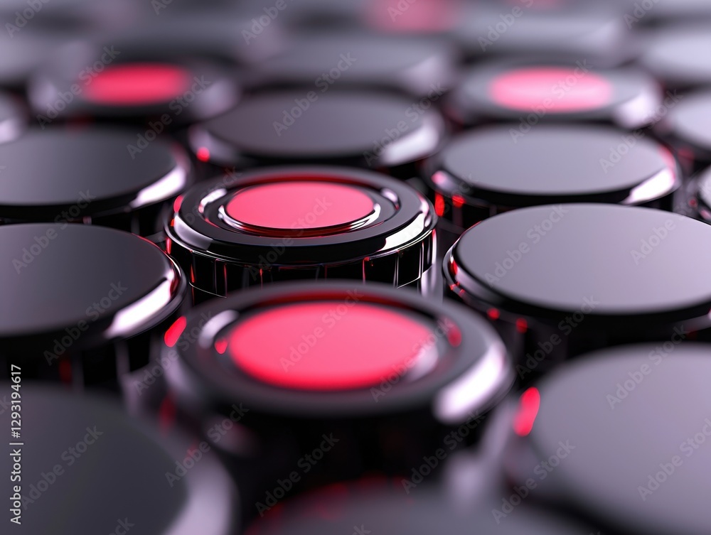 Poster close-up view of glossy buttons with red highlights on a dark background.