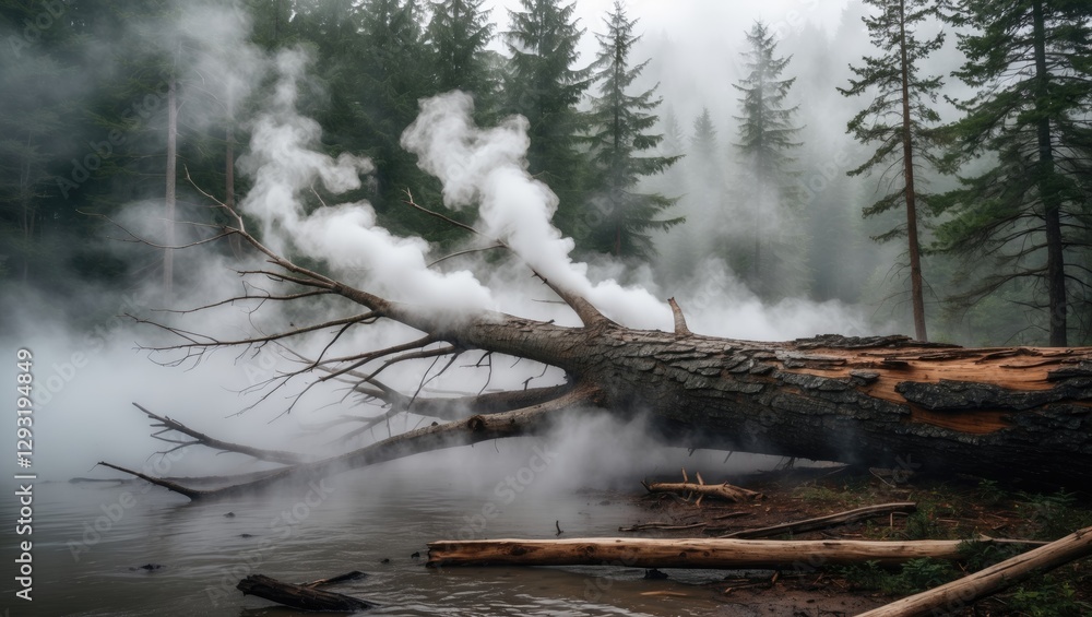 Aufkleber fog rising from a fallen tree in a misty forest setting with pine trees and calm water