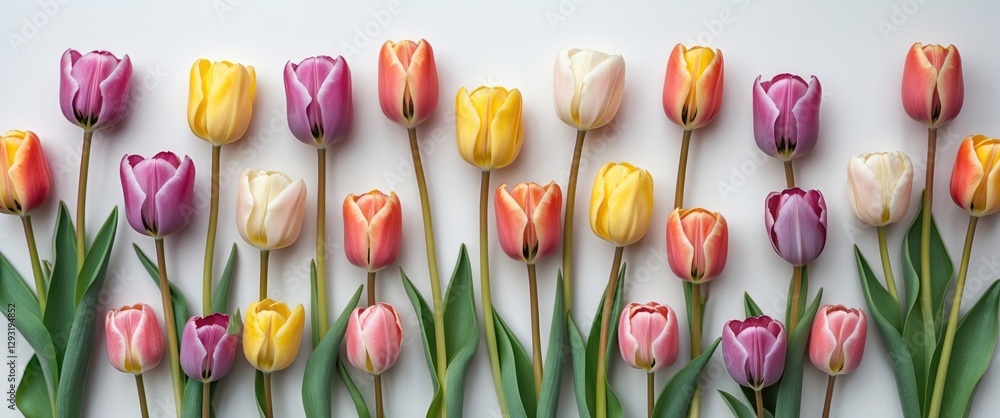Poster vibrant multicolored tulips in bloom on white background perfect for spring themes and floral design