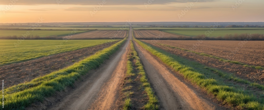 Poster serene spring landscape featuring a dirt road traversing green fields under a clear sky with ample s