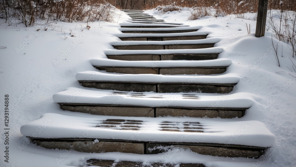 Poster Snow-Covered Steps Leading Upward in a Winter Landscape with Empty Space for Text or Graphics
