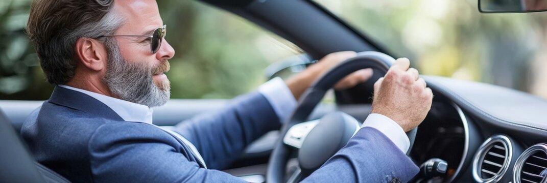 Middle-Aged Man with Graying Beard Driving a Luxury Car in Sunglasses on a Sunny Day, Exuding Confidence and Sophistication