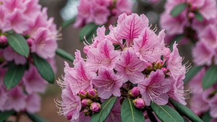 Fototapeta premium Vibrant Pink Rhododendron Blooms and Buds Highlighting Springtime Beauty in a Lush Natural Setting