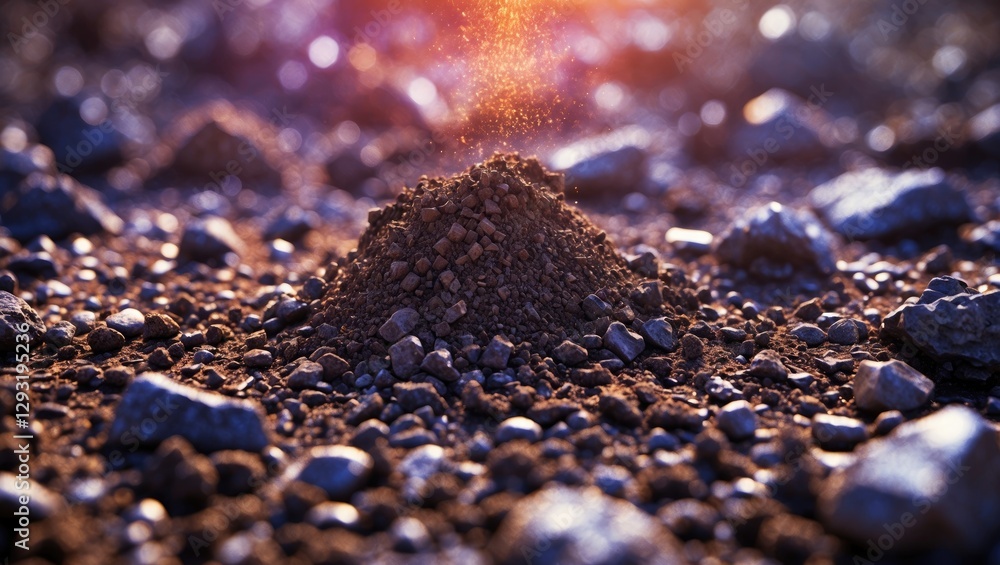 Poster soil texture with pebbles and dust particles illuminated by sunlight creating an earthy background f