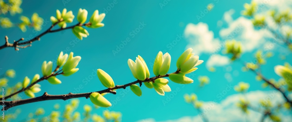 Poster spring green branches reaching towards a vibrant turquoise sky with soft clouds creating a serene an