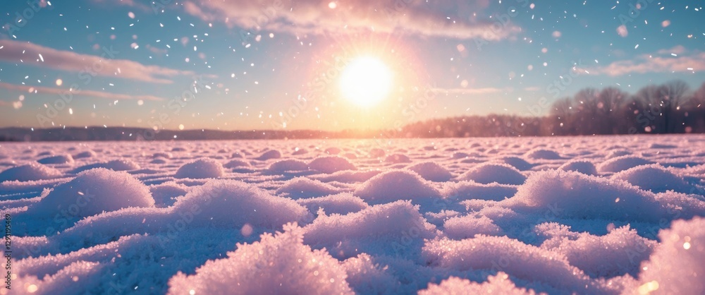 Poster winter landscape with snow patterns illuminated by the rising sun creating a serene frosty backgroun