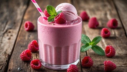 Delicious Pink Raspberry Smoothie with Ice Cream Garnished with Mint Leaves on Rustic Wooden Background for Refreshing Beverage Concepts