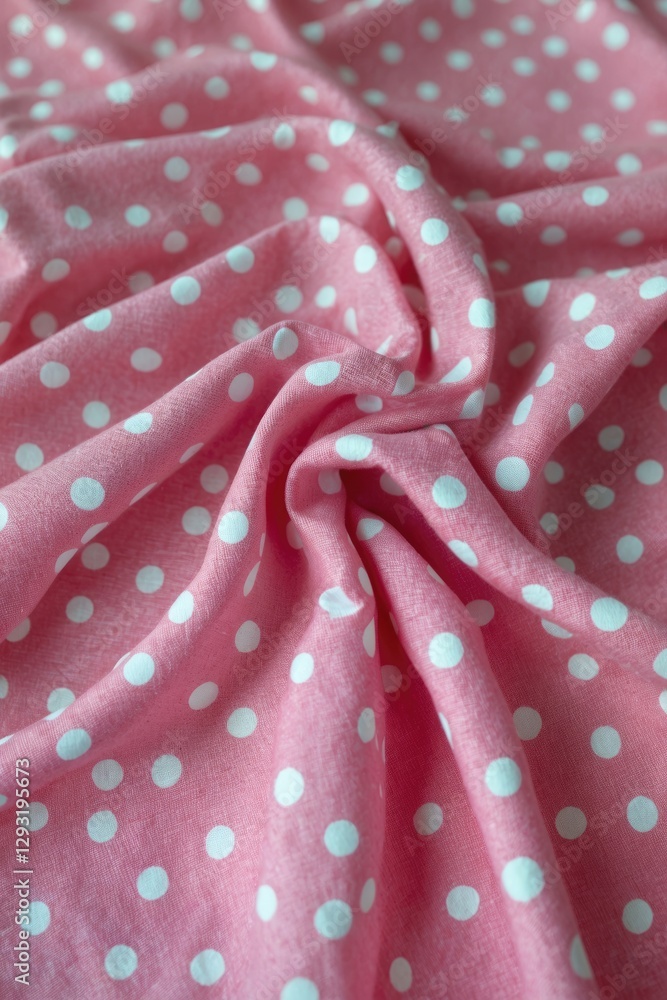 Poster textured pink polka dot fabric with creases showcasing a playful pattern ideal for backgrounds or te