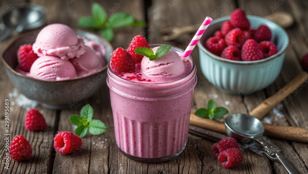 Poster raspberry smoothie with ice cream and fresh mint on rustic wooden table perfect for summer refreshme