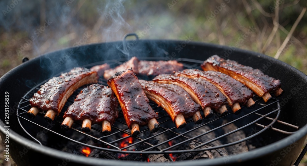 Poster smoked bbq ribs grilling over charcoal in a natural setting with steam and empty space for text or p