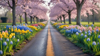 Obraz premium Vibrant Blooming Flowers and Cherry Blossom Trees Along Serene Country Road in Springtime
