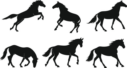Various horse silhouettes in vector design, perfect for animal, wildlife, and equestrian-themed illustrations