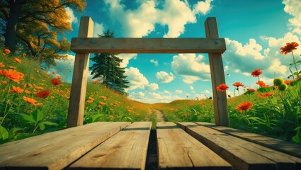 Fototapeta premium Wooden Springboard Surrounded by Colorful Flowers and Lush Greenery Under a Bright Blue Sky with Space for Text or Messaging