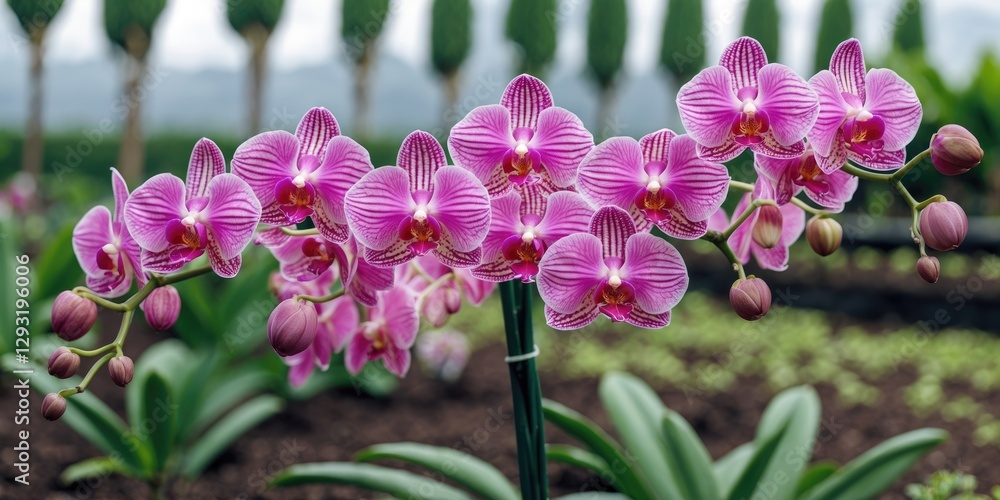 Poster vibrant pink orchids blooming in lush garden setting with blurred background and space for your text
