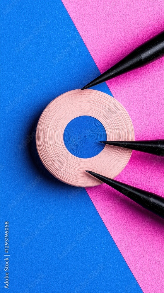 Poster colorful abstract design featuring circles and pointed tools on vibrant backgrounds.