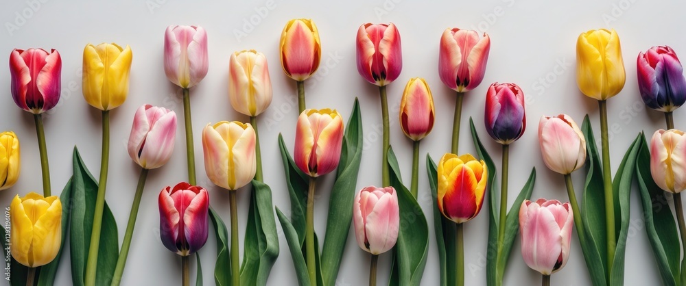 Poster vibrant multicolored tulips isolated on white background with ample space for text and design elemen