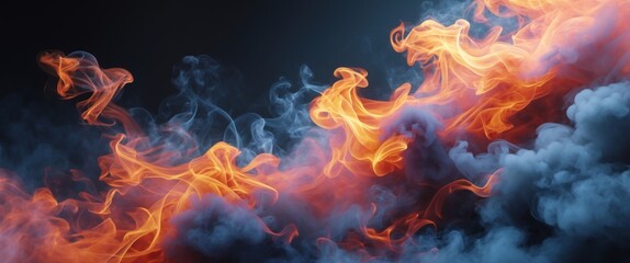 Colorful smoke and fire effects on a dark background creating a mystical atmosphere with swirling patterns for artistic and creative designs.