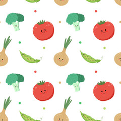Cute cartoon vegetables characters. Eco veggies, healthy vitamin food. Organic natural eating, nutrition. Vector seamless pattern in flat style.