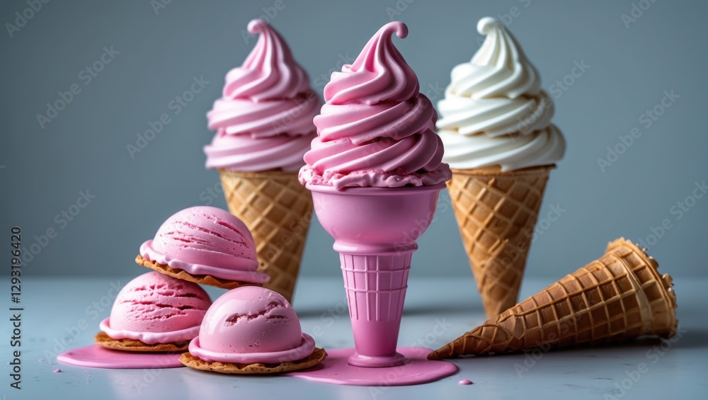 Poster delicious pink ice cream scoops and waffle cones arranged attractively on a table with a minimalist 