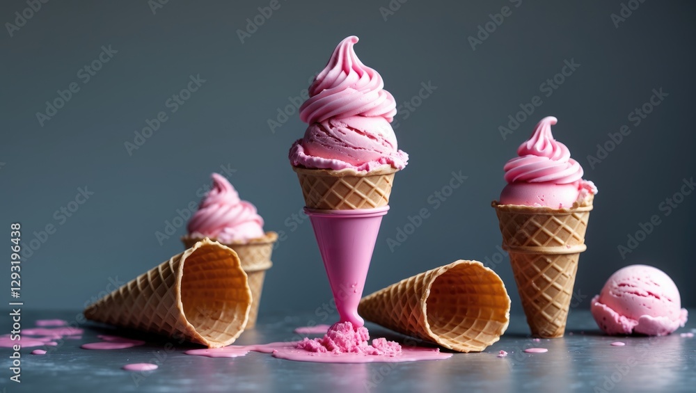 Poster delicious pink ice cream scoops in waffle cones with melting drips on table creating a fun and invit