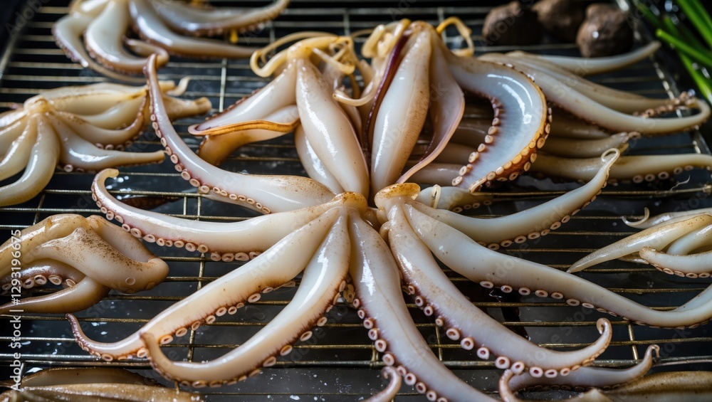 Poster squids arranged for drying on rack with empty space for text background in culinary setting