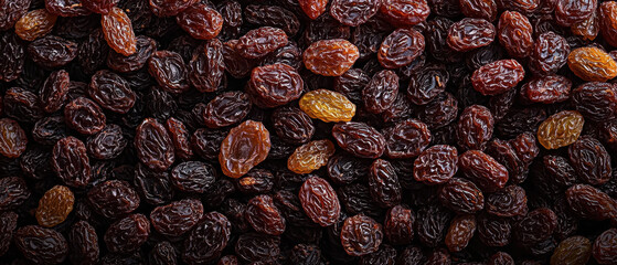 Top view of Raisins pile, Snack background
