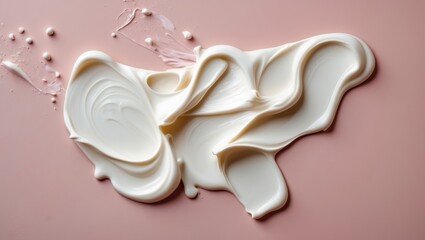 Artistic arrangement of creamy white substance on soft pink background highlighting smooth texture and light reflections for design purposes
