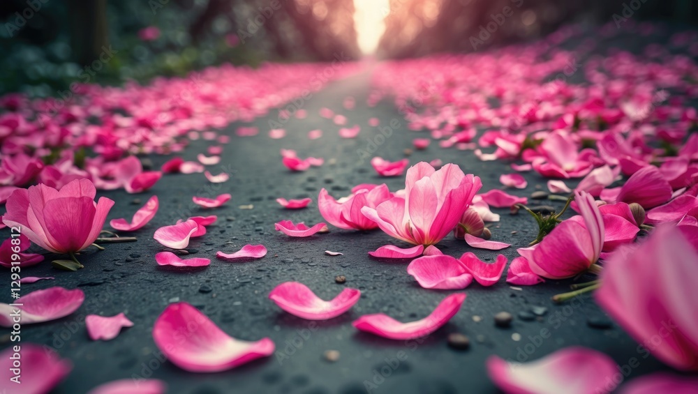 Poster scattered pink flower petals creating a vibrant path in a serene garden setting illuminated by soft 