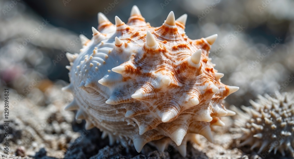 Poster spiky seashell close-up with natural background and space for text in coastal environment