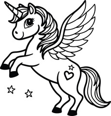 Cute cartoon unicorn Pegasus vector illustration line art silhouette