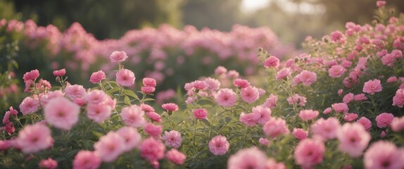 Vibrant Pink Flower Field in Summer with Soft Focus and Blank Space for Text Overlay