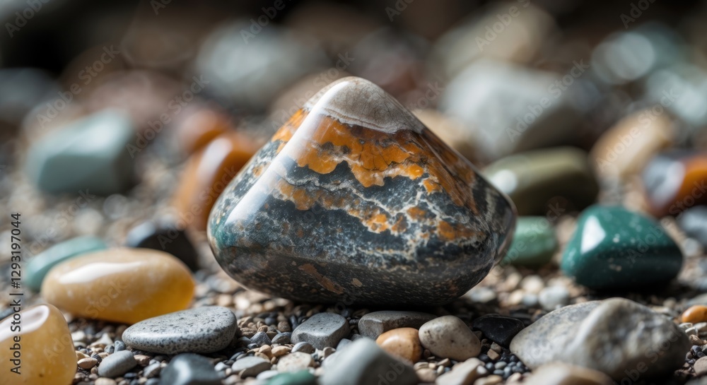 Poster polished jasper stone resting among various smooth pebbles in natural setting showcasing colorful pa