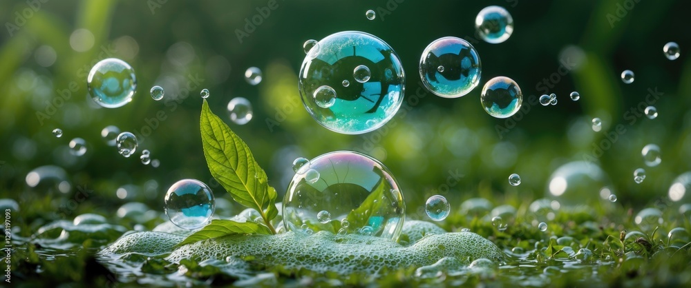 Aufkleber vibrant soap bubbles floating on lush green grass with natural elements creating a refreshing and tr