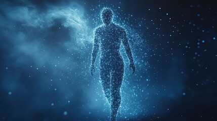 Futuristic human silhouette dissolving into particles, representing quantum teleportation 