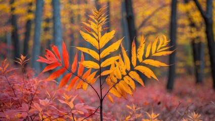 Staghorn Sumac Leaves in Vibrant Fall Colors of Yellow and Red Against a Scenic Forest Background