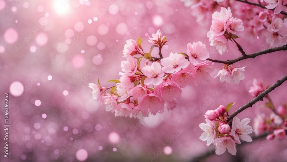 Poster cherry blossom branch with pink flowers and soft bokeh background ideal for springtime themes and de