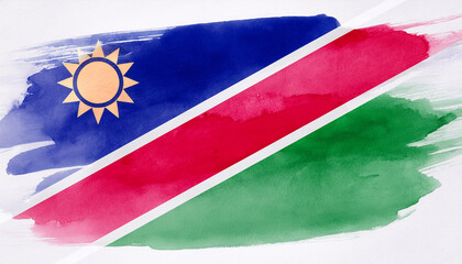 Watercolor painting of Namibia national flag. Independence day. Hand drawn art.