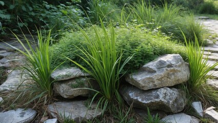 Lush greenery and stones creating a natural texture in a serene outdoor setting with vibrant grasses and rugged rocks.