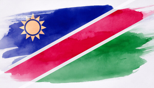 Watercolor painting of Namibia national flag. Independence day. Hand drawn art.