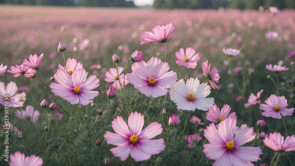 Poster blooming pink cosmos flowers in a field with soft focus background and space for text or graphics