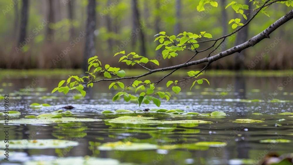 Poster springtime beech branch with vibrant green leaves reflected in tranquil water creating a serene natu